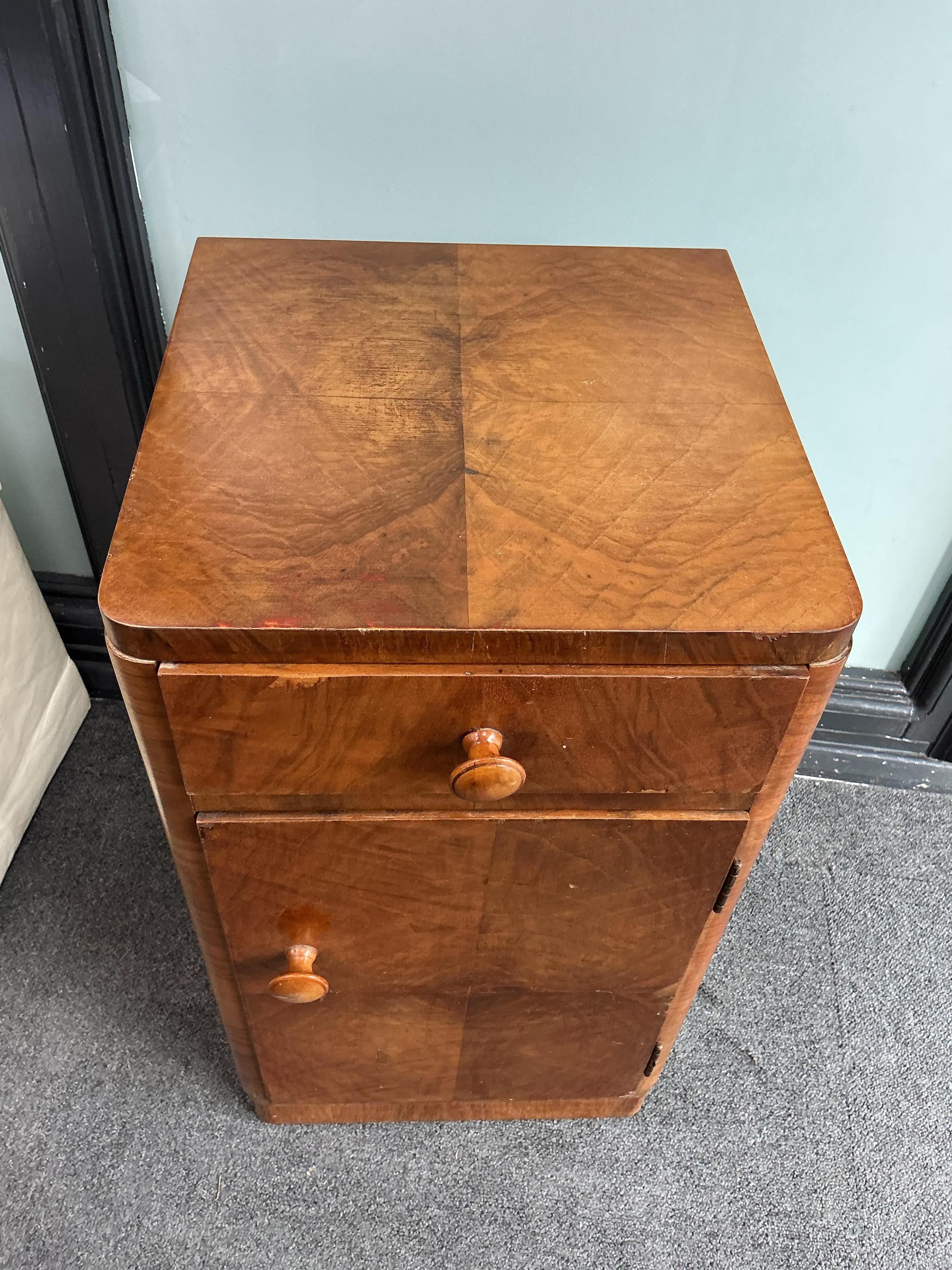 A pair of Art Deco walnut bedside cabinets width 33cm, depth 33cm, height 60cm